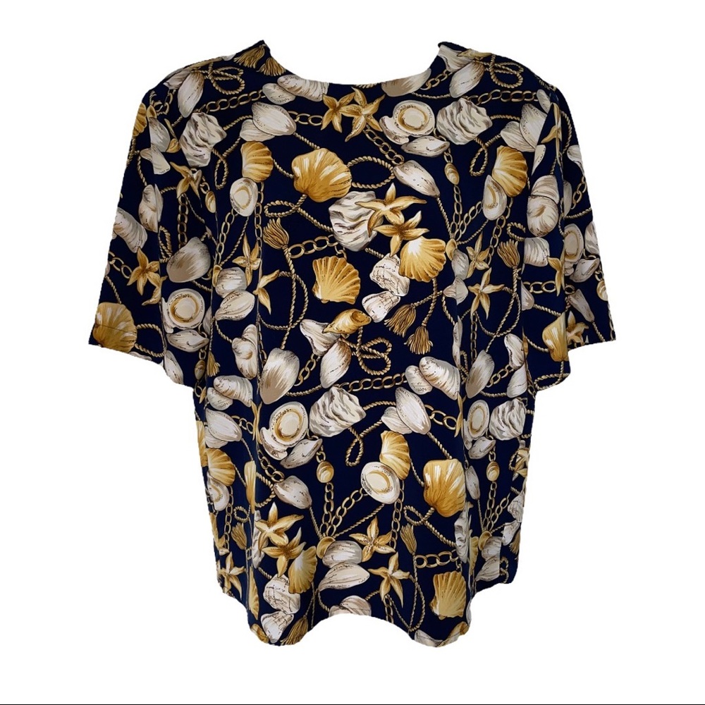 Vintage Blouse Short Sleeve Navy Gold Chain Shells Top 10 Grandma core eclectic